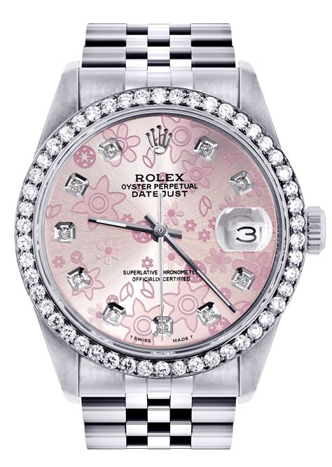 rolex pink floral watch|Rolex pink face diamond bezel.